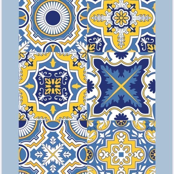 Moroccan Tribal Trendy Tile Blue yellow Poster Wall Art set of four Art Print - Picture 8 of 12